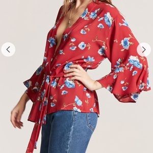 Red Floral Open Kimono Sz M